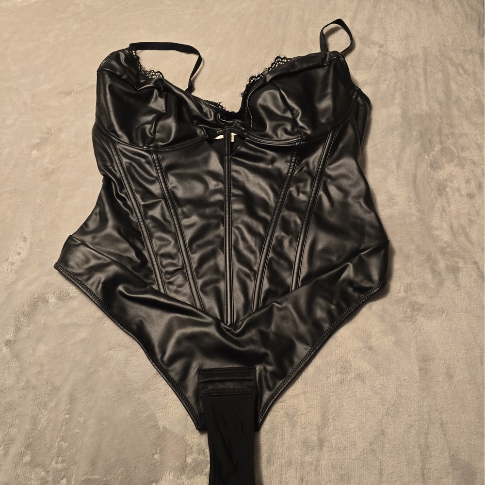 Popilush Faux Leather Lace Corset Sculpting Bodysuit Black Size XL Gothic Witchy